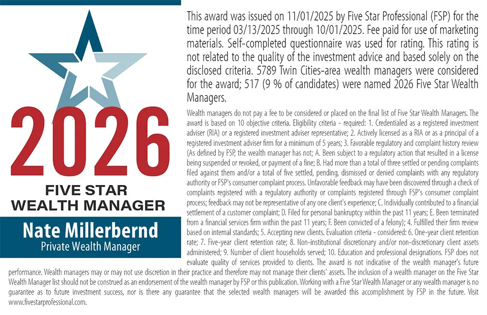 Nate Millerbernd award for 2026 Five Star Wealth Manager